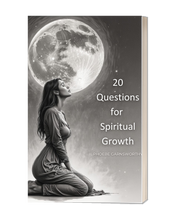 Book cover titled '20 Questions for Spiritual Growth' with a woman and moon illustration.