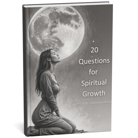 Book titled '20 Questions for Spiritual Growth' with a woman gazing at a large moon on the cover.