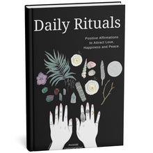 Self-help Book titled 'Daily Rituals' with illustrations of hands and nature on a black background