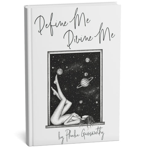 Spiritual Poetry Book titled 'Define Me, Divine Me' with a black and white illustration of a woman lying on the ground with planets in the background.